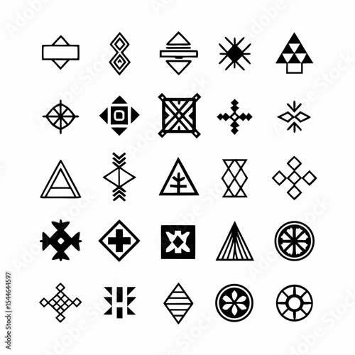 Create a detailed line drawing showcasing ancient tribal symbols; intricate, minimalist style; emphasizing geometric patterns and symbolic meaning.