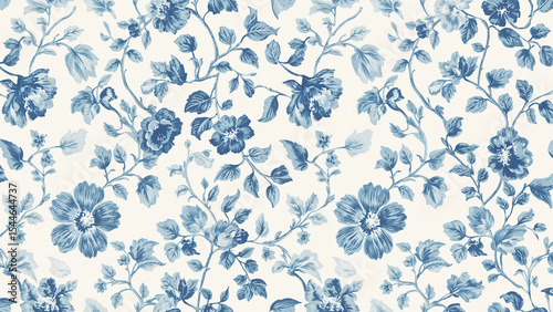 Elegant blue floral pattern on cream background