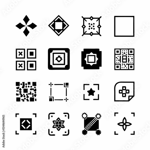 Design a QR code with a border composed of simple geometric shapes, like squares, triangles, and circles.  Maintain clear readability of the code.