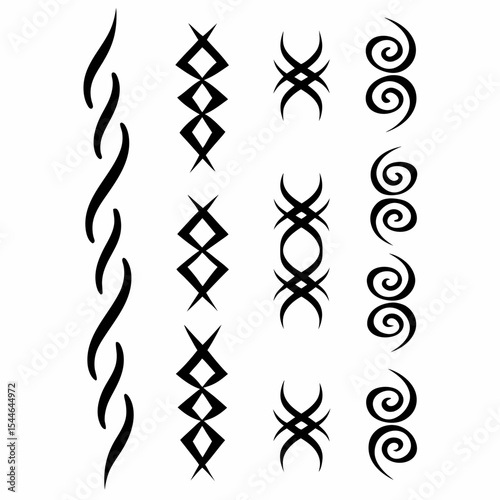 Design a set of diverse tribal-inspired icons representing various birthmark patterns as symbols of cultural identity.  Include unique shapes and styles.