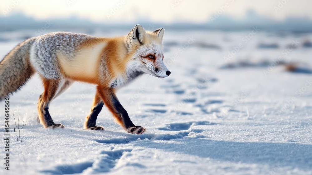 Red Fox Walking Gracefully On Snowy Landscape. Wildlife In Winter Habitat Red Fox Walking Gracefully On Snowy Landscape. Wildlife In Winter Habitat
