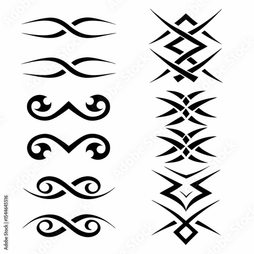 Design a set of tribal band tattoo icons featuring diverse border styles.  Include geometric and symbolic elements.