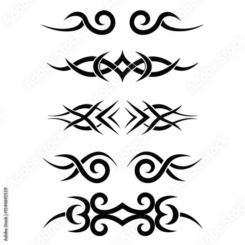 Design a set of tribal band tattoo icons, featuring diverse border styles, suitable for a tattoo design app or website.  Include variations in thickness and pattern.