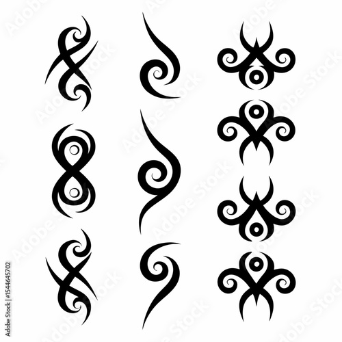 Create a set of vector icons depicting traditional Borneo tribal tattoos, showcasing diverse designs and styles.  Include variations in line weight and detail.