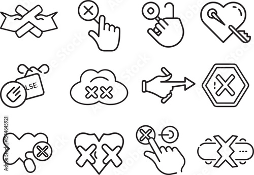 Cross Marks: A set of Close silhouette vector illustration icons symbolizes rejection, disconnection, and error states in modern interface design.