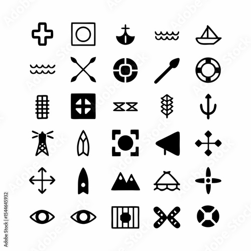 Design a set of tribal-style icons depicting a canoe and a fishing net, emphasizing cultural heritage and traditional craftsmanship.