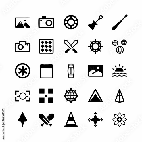 Design a set of tribal-style icons depicting a canoe and a fishing net, emphasizing traditional craftsmanship and cultural heritage.
