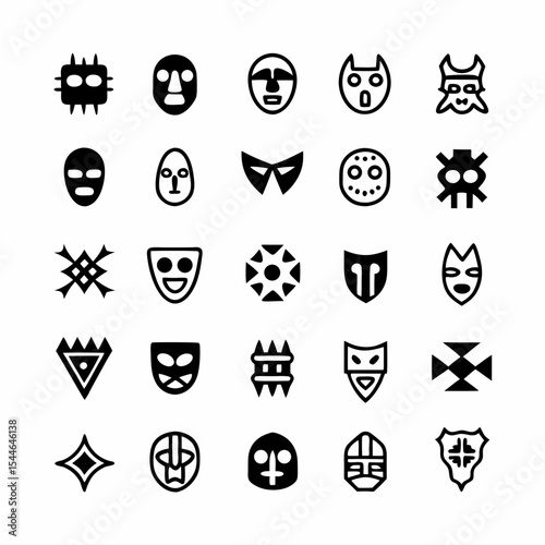 Design a set of diverse ceremonial war mask icons, showcasing various cultural styles and materials.  Include both simple and detailed options.