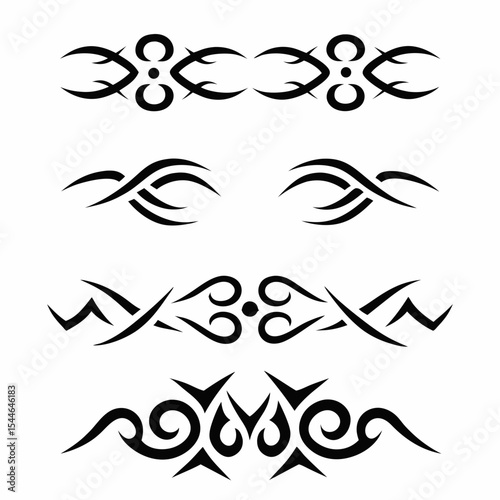 Design a tribal icon set depicting contrasting themes of chaos and order, featuring symbolic imagery of both balanced and unbalanced elements.