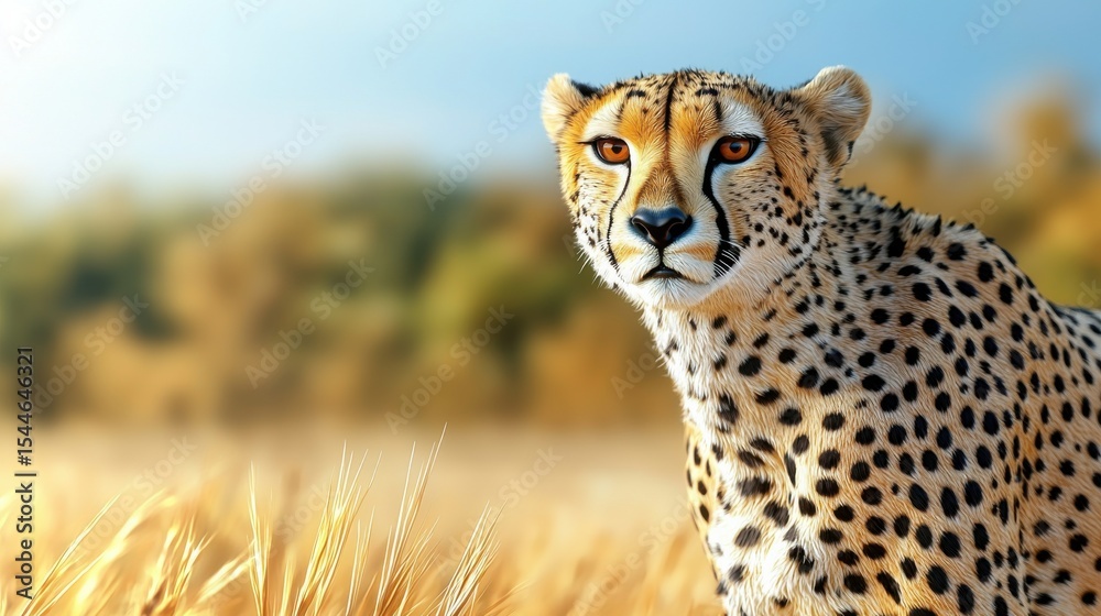 Obraz premium Cheetah In Golden Savannah Landscape. Wildlife Photography Capturing The Elegance And Speed Of Nature'S Fastest Land Animal