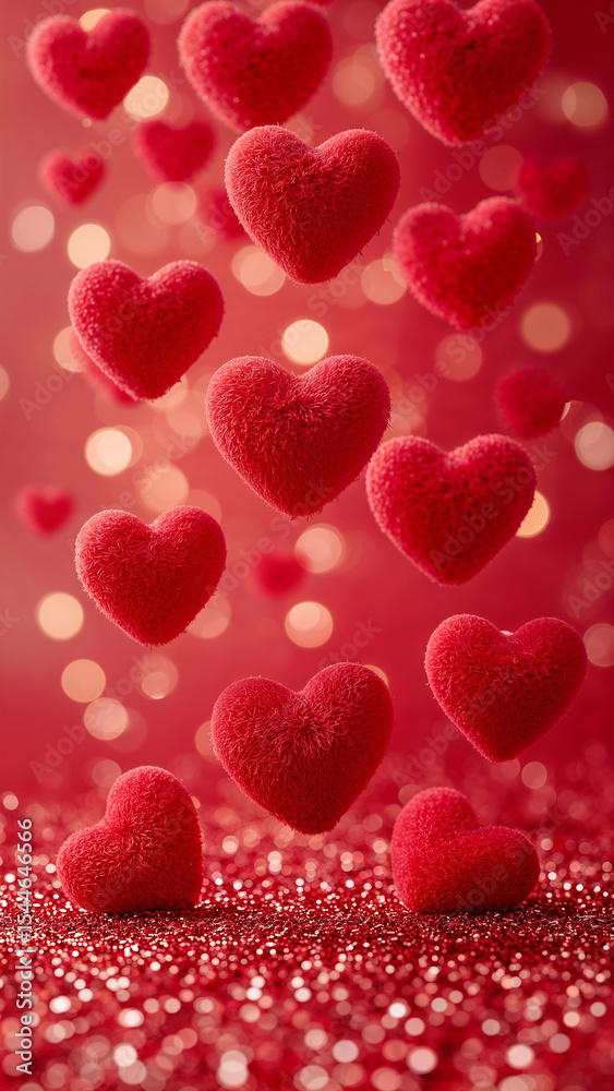 Fluffy red hearts floating in glitter background Fluffy red hearts floating in glitter background