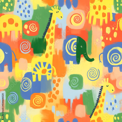 Bright zoo animal fabric pattern, colorful, playful illustration for textiles.