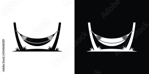 Black and White Illustration of Hammock Between Trees, Silhouette Style, Relaxing Vacation Theme