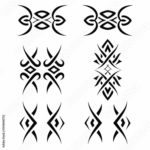Design a set of tribal tattoo icons featuring intersecting geometric shapes, incorporating bold lines and sharp angles.  Focus on a minimalist, modern aesthetic.