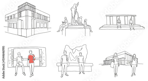 Minimalist black-and-white vector illustration set featuring modern architectural structures with human figures