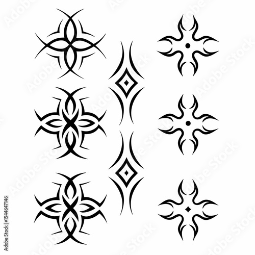 Design a set of tribal-style icons representing death, incorporating symbolic markings and patterns.  Focus on bold, dark aesthetics.