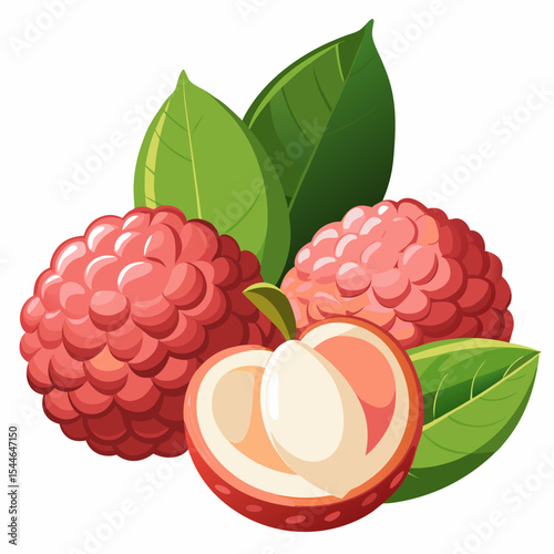 Lychee cluster with peeled half showing flesh