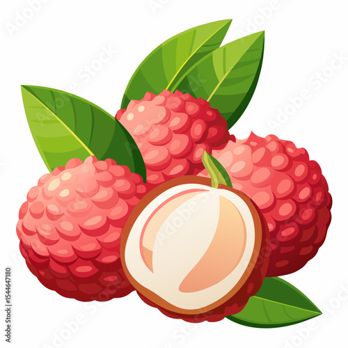 Lychee cluster with peeled half showing flesh