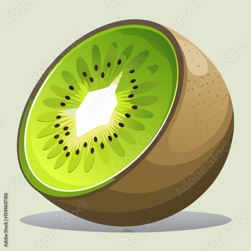 Kiwi cut in half with green flesh, seeds, and soft inner shadow – vector health food logo.