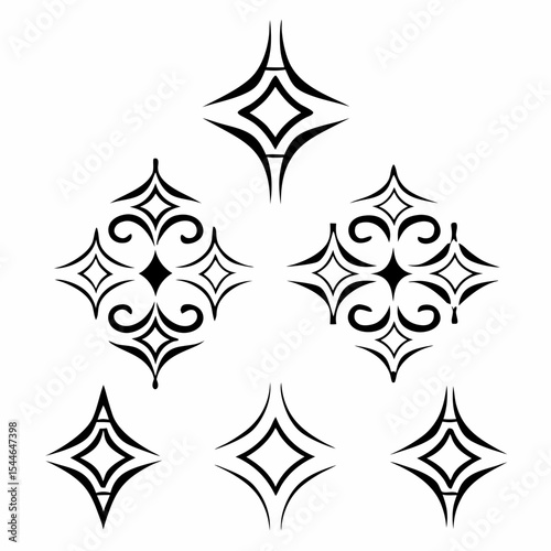 Design a set of tribal-inspired diamond-shaped tattoo icons, featuring bold outlines and intricate patterns.  Include diverse symbolic designs.