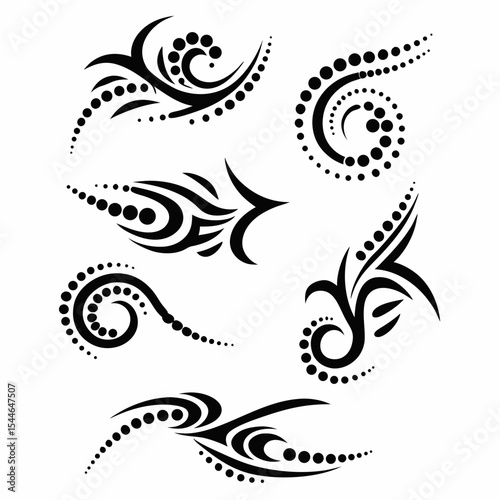 Detailed vector illustration of tribal tattoo design icons in a dotwork style.  Show various symbolic elements. High resolution, intricate detail.