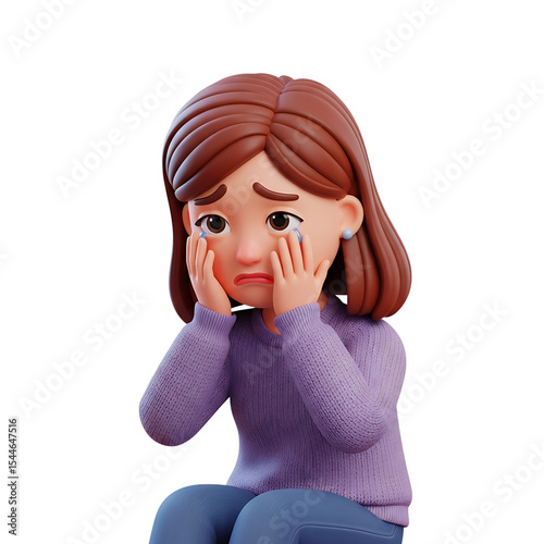 3d illustration of a young woman feeling anxious and worried with face in hands on transparent background.
