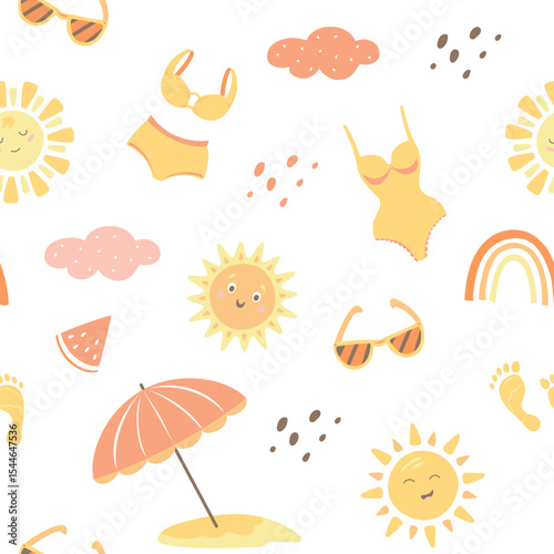 swimsuit, beach, sea, summer, palm trees, rainbows, sun. Vector summer pattern in pastel colors on a white background in flat style. Vector illustration on the theme of rest and travel