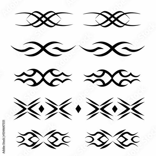Create a high-resolution vector pack of double-line tribal tattoo patterns, showcasing diverse designs with intricate details and varied thicknesses.