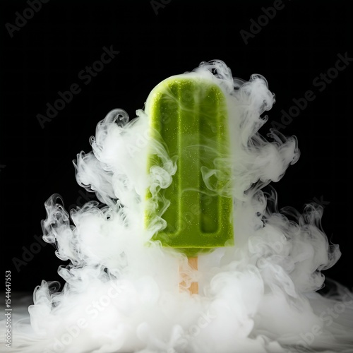 matcha popsicle, emerging from a whimsical cloud of dry ice mist, highlighting its refreshing chill and mouthwatering creamy filling