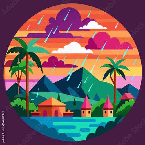 a scenic landscape with monsoon rain or an urban view with rain effects.