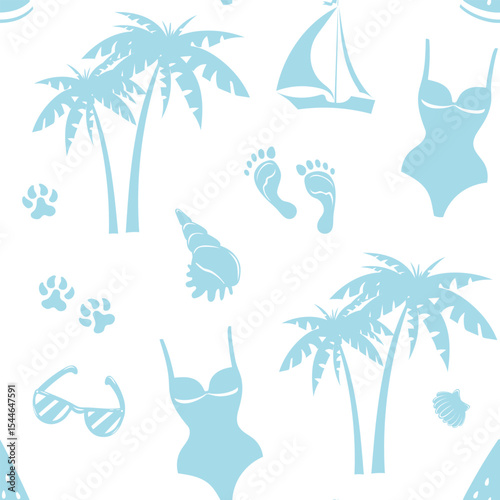 swimsuit, beach, sea, summer, palm trees, rainbows, sun. Vector summer pattern in pastel colors on a white background in flat style. Vector illustration on the theme of rest and travel