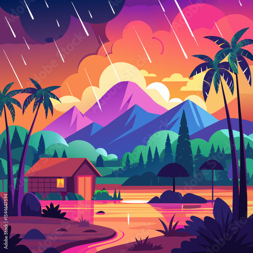  a scenic landscape with monsoon rain or an urban view with rain effects.