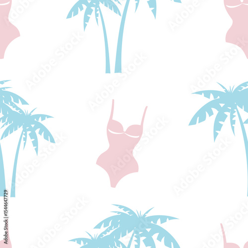 swimsuit, beach, sea, summer, palm trees, rainbows, sun. Vector summer pattern in pastel colors on a white background in flat style. Vector illustration on the theme of rest and travel