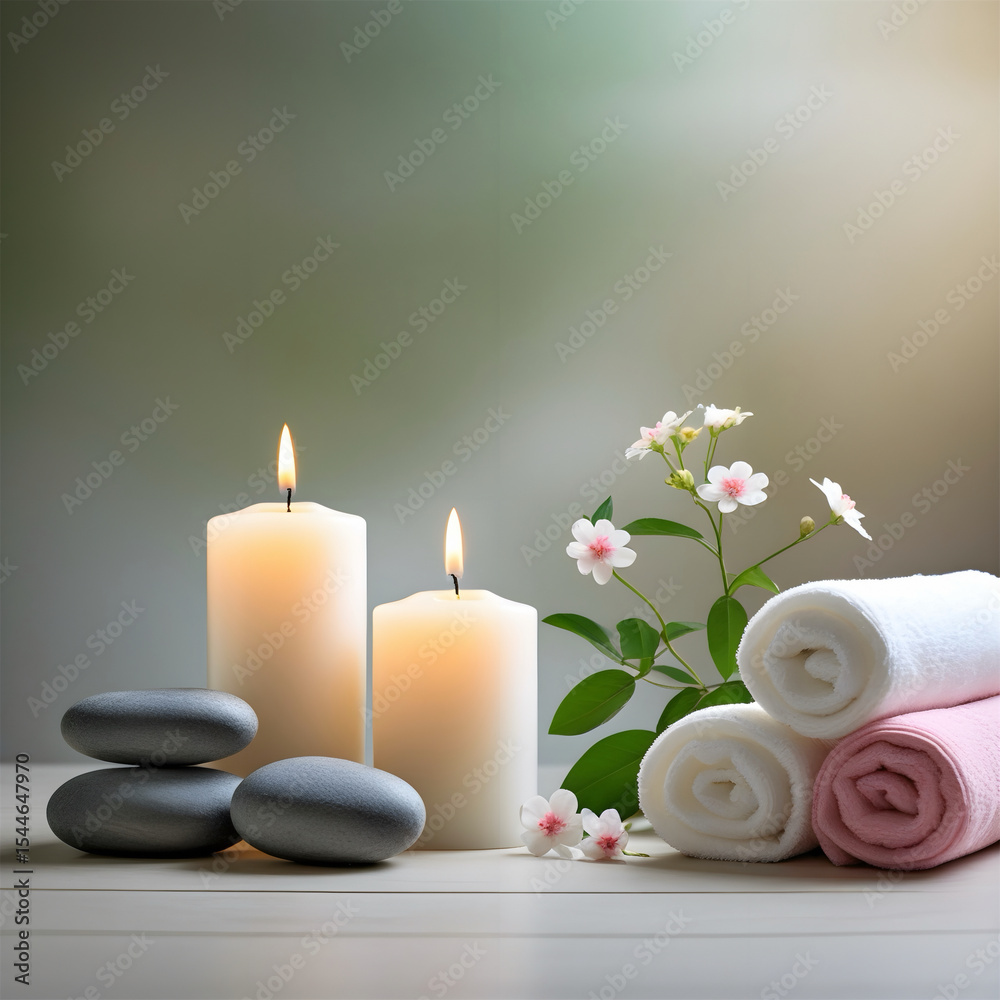 Minimalist Spa Composition with Stones and Candles Minimalist Spa Composition with Stones and Candles
