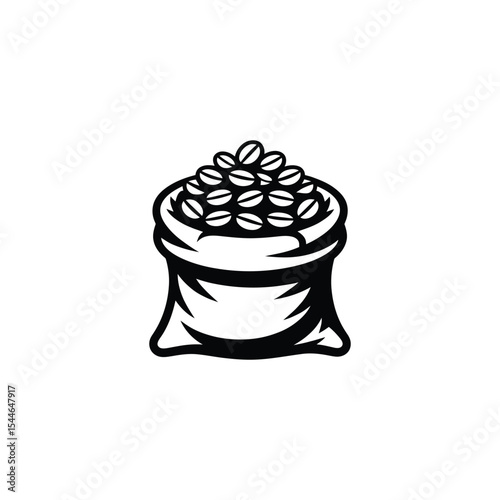 Black and White of a Burlap Sack Overflowing with Coffee Beans Illustration