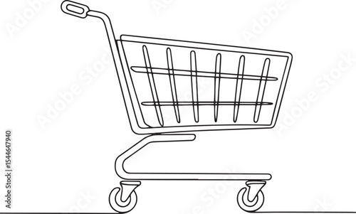 continuous line drawing of a shopping cart with wire basket and wheels in side profile view
