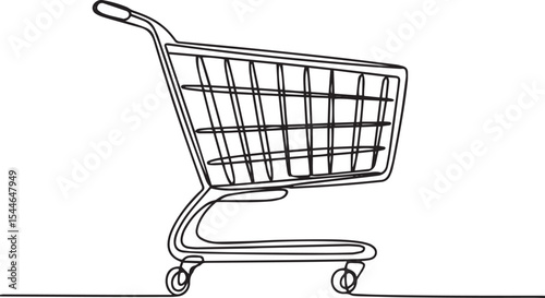 continuous line drawing of a shopping cart with wire basket and wheels in side profile view