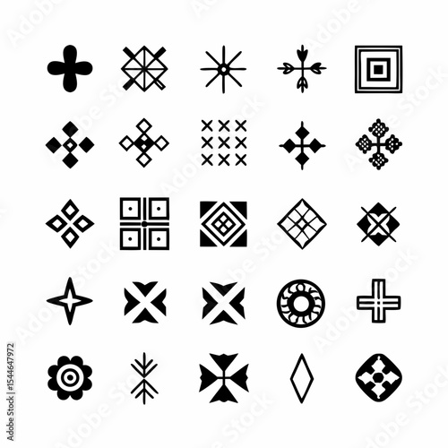 Create a diverse set of vibrant, ethnic-inspired decorative icons, showcasing various cultural motifs and patterns.  High resolution, vector format preferred.