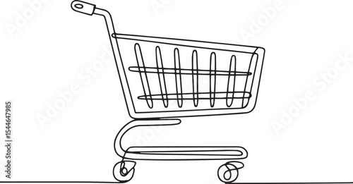continuous line drawing of a shopping cart with wire basket and wheels in side profile view