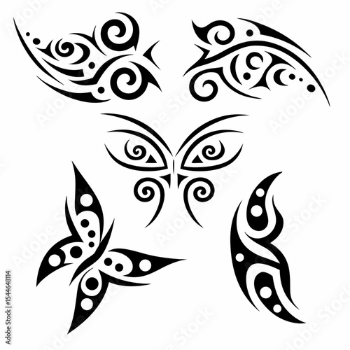 Design intricate tribal tattoo sketches featuring delicate fairy wings.  Incorporate diverse tribal patterns & stylistic variations.