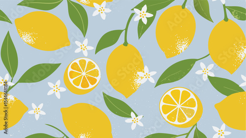Aesthetic pattern of lemons leaves and blossoms on a light blue background in a flat vector style