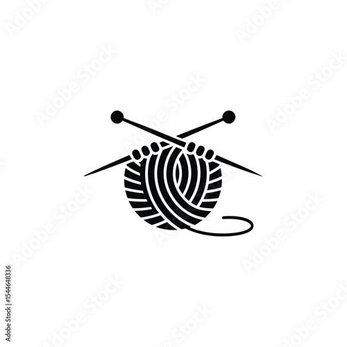 Black and White of Yarn Ball with Knitting Needles Crossed Over