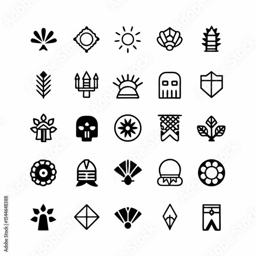 Design a set of detailed icons depicting stylized feathered headdresses and various pieces of armor, suitable for game UI or fantasy setting.