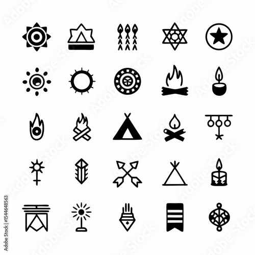 Design a set of vibrant icons depicting fire dancing and ritualistic ceremonies, emphasizing movement and spiritual energy.  Include diverse cultural representations.