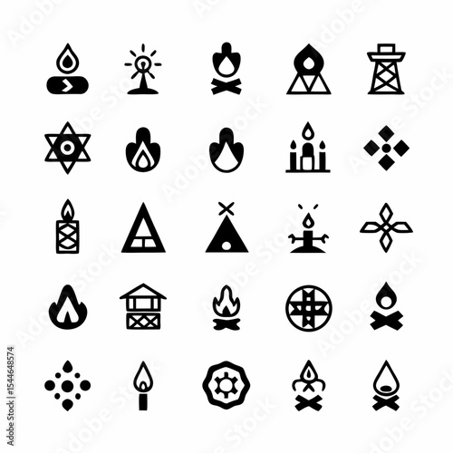 Design a set of icons depicting a vibrant fire dance and ritual ceremony, emphasizing cultural significance and movement.