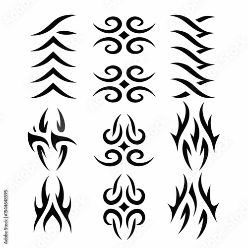 Design a tribal tattoo icon set representing the fire element, incorporating flames, stylized sun imagery, and bold geometric patterns.  Include variations in style and size.