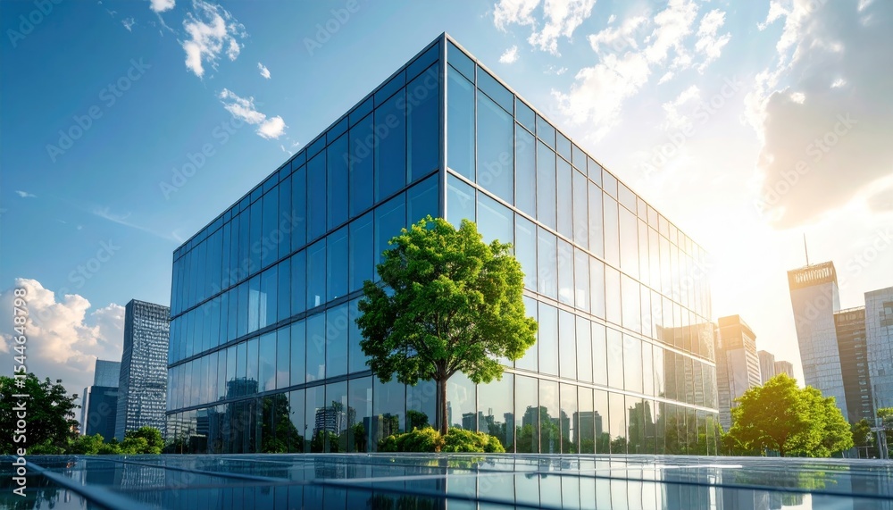 Obraz premium Eco-friendly building in the modern city. Sustainable glass office building with tree