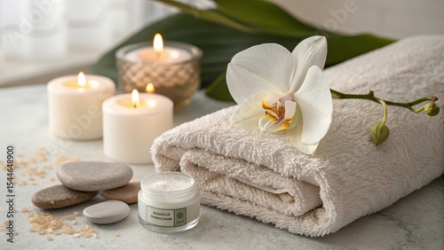 Serene Spa Arrangement with Towels, Cream, Candles, and Orchid