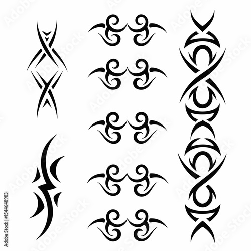 Design a pack of tribal-inspired gothic crests, incorporating intricate details and dark aesthetics.  Include variations in style and symbolic elements.