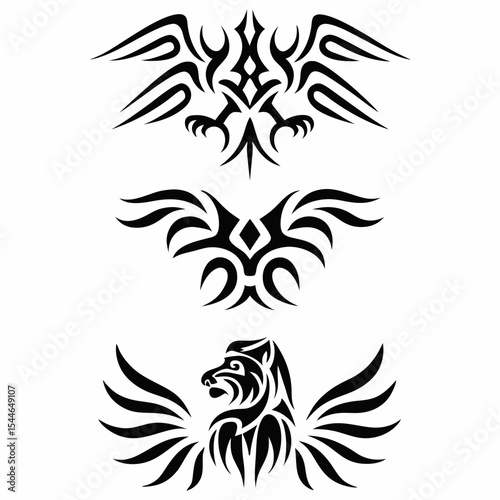 Design a pack of tribal-style Griffin tattoo icons, varying in style and complexity, suitable for digital and print use.  Include both detailed and minimalist options.